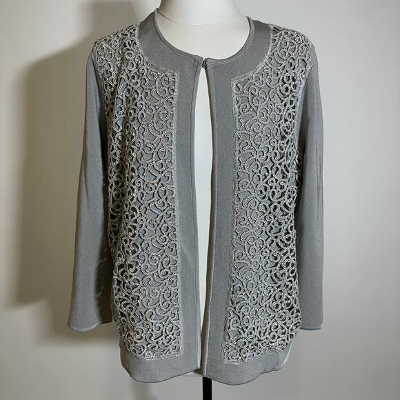 Jones New York Gray Silver Metallic Lace Front Cardigan Sweater Womens Large L - Picture 1 of 11